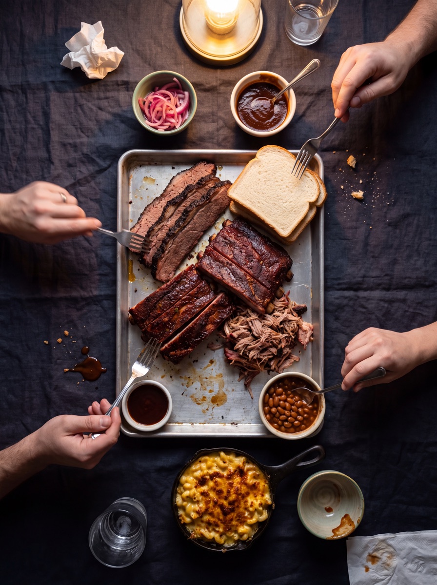 Plank met brisket, ribs en pulled pork midden op tafel