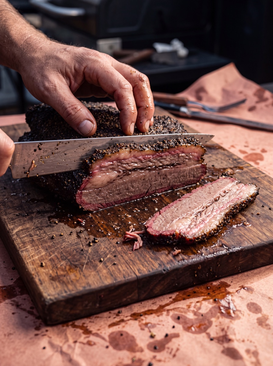 Brisket wordt aangesneden, rookring zichtbaar